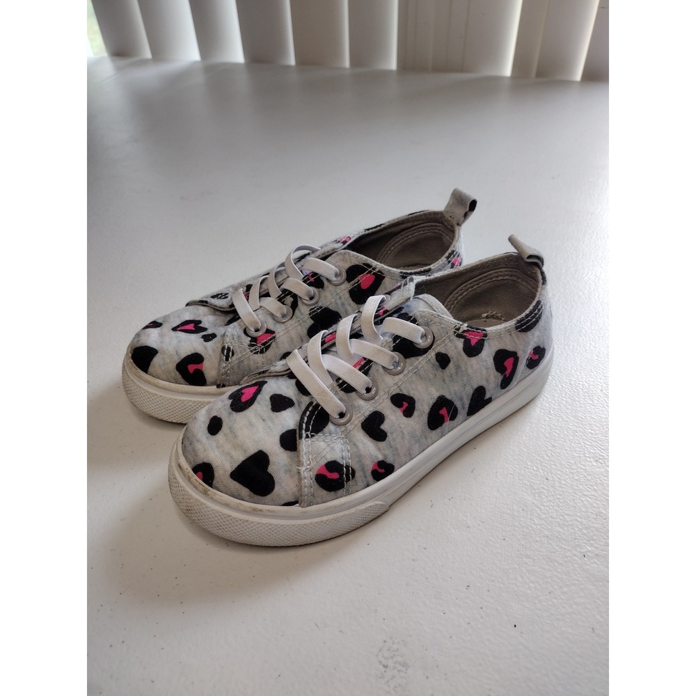 FabKids Girls Grey Pink Heart Leopard Print Canvas Sneakers Shoes Size 12